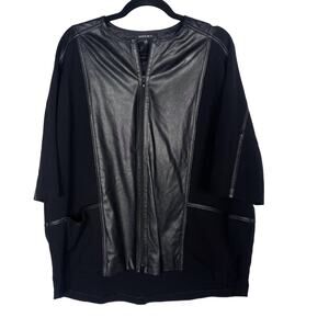 Lafayette 148 M/L Black Faux Leather Pieced Full Zip Jacket 3/4 Sleeve Pockets